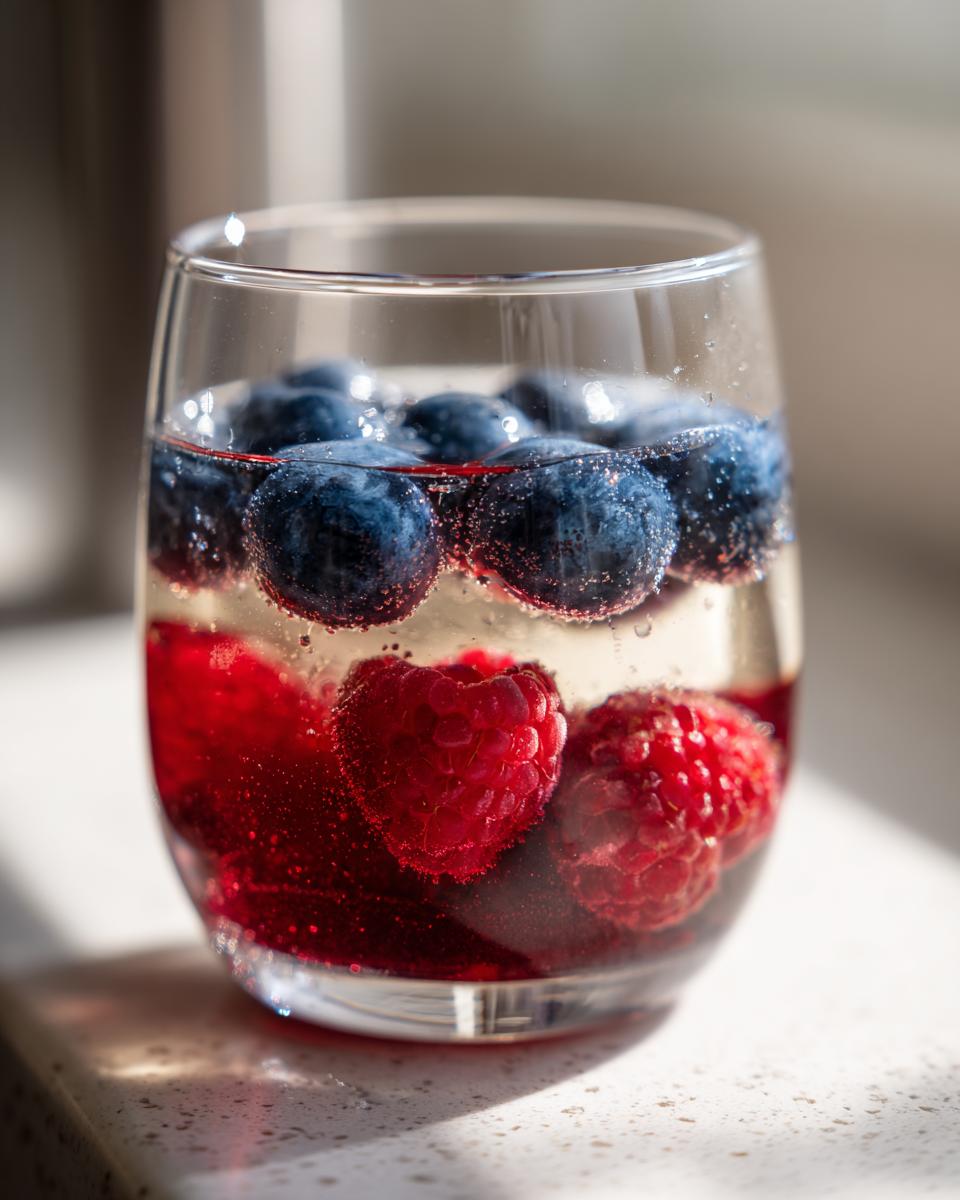 Close-up of a glass containing patriotic punch with floating blueberries and raspberries in sparkling liquid.
