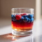 Close-up of a glass containing patriotic punch layered with red and clear liquid, topped with floating blueberries and a raspberry.