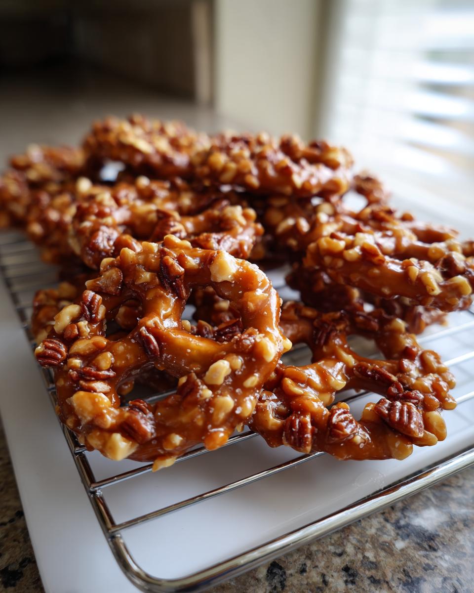 A pile of homemade toffee pretzels coated in sticky caramel and chopped pecans, cooling on a wire rack.