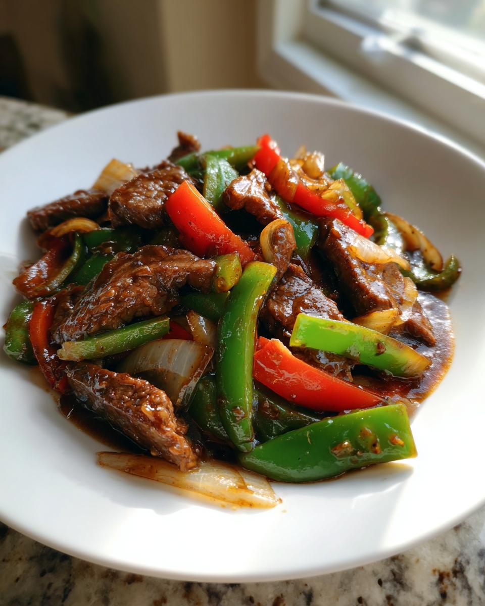 A close-up of a white bowl filled with savory pepper steak, featuring beef strips, green peppers, red peppers, and onions in a rich sauce.