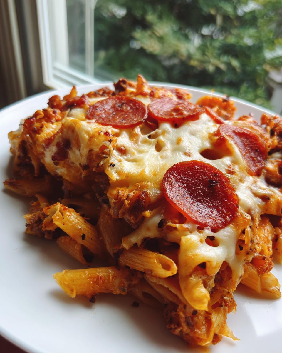 A close-up of a serving of pizza pasta bake topped with melted mozzarella and pepperoni slices.