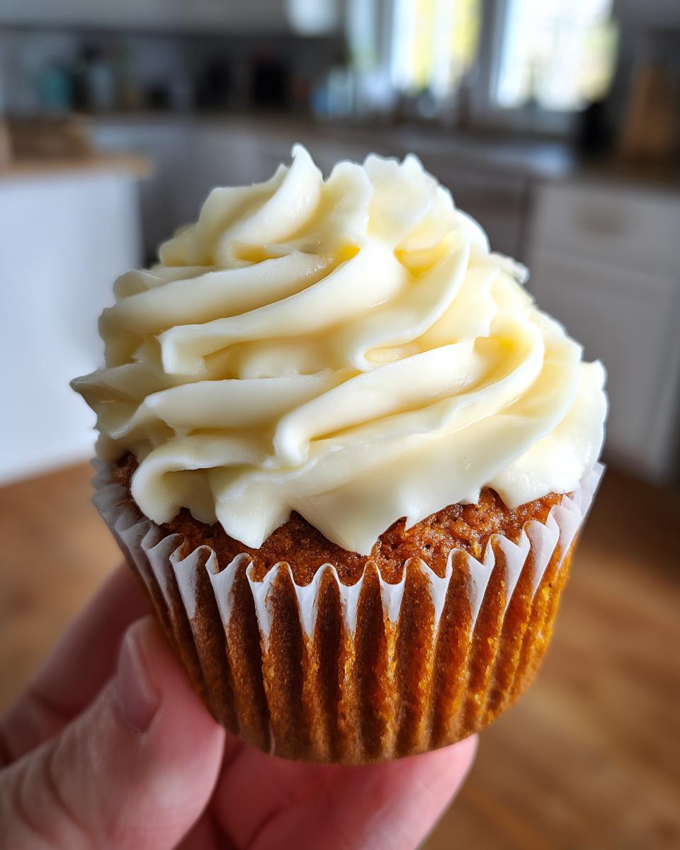 A close-up of a single, perfectly frosted banana cupcakes held up against a blurred kitchen background.