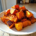 Close-up of perfectly roasted sweet potato cubes piled high on a white plate, showing caramelized edges.