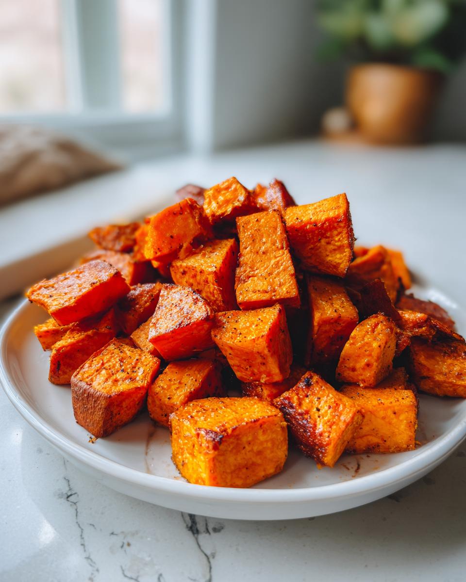 A close-up of a pile of perfectly seasoned and caramelized roasted sweet potato cubes on a white plate.