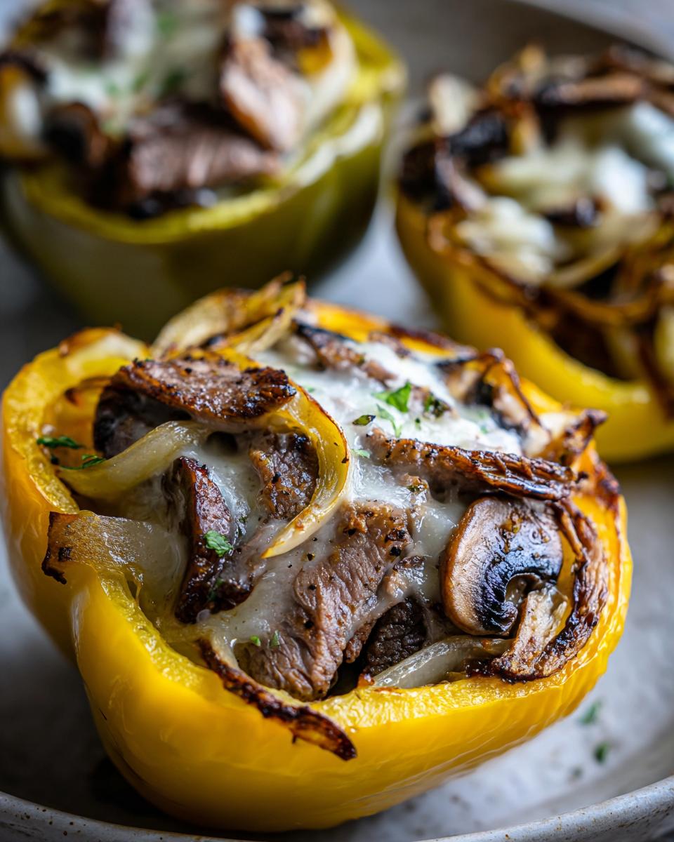 Close-up of a baked yellow bell pepper half filled with steak, mushrooms, onions, and melted cheese, showcasing the philly cheesesteak stuffed peppers.