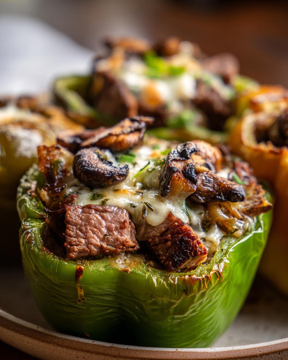 Close-up of a baked green bell pepper stuffed with steak, mushrooms, and melted cheese, a perfect philly cheesesteak stuffed peppers recipe.