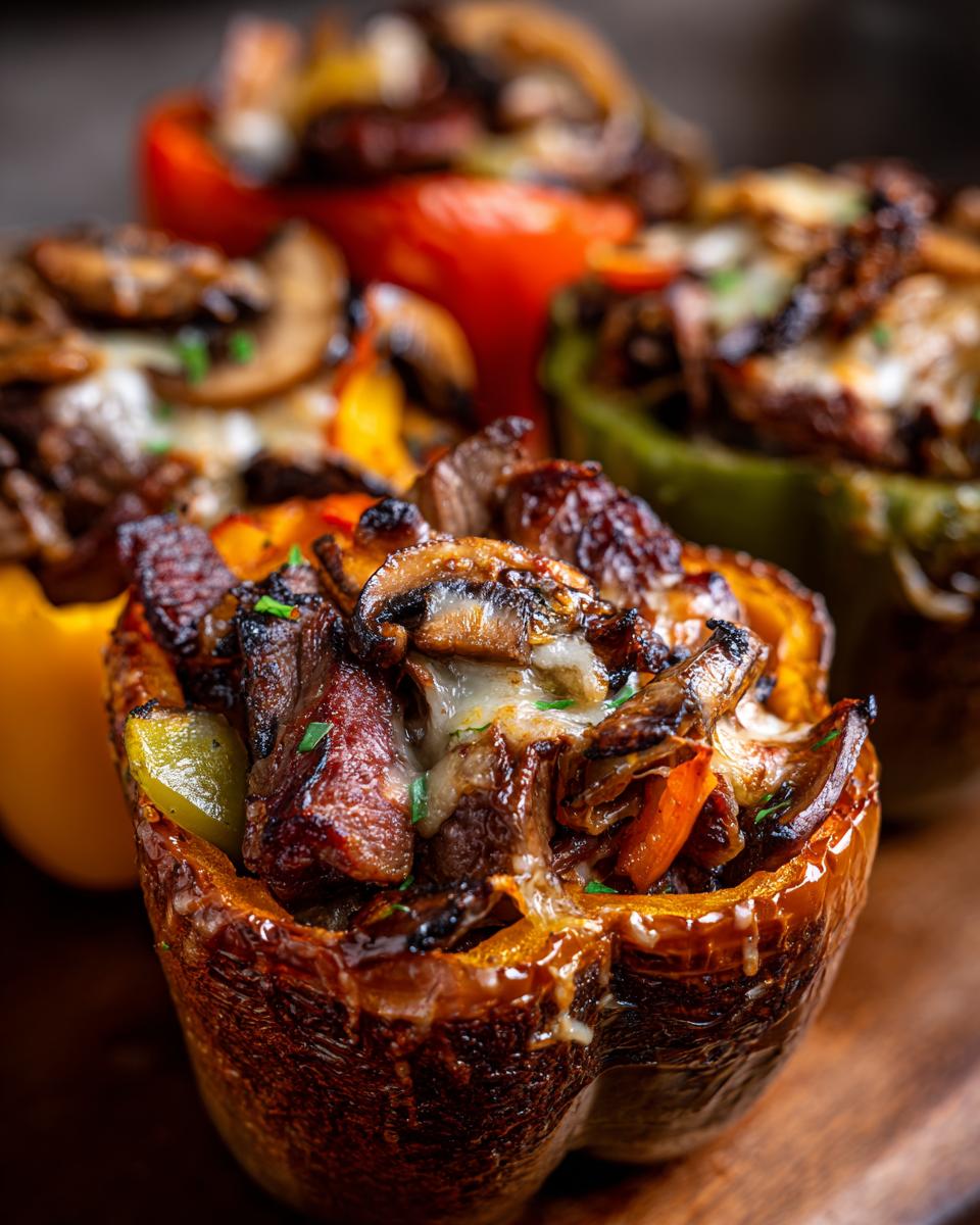 Close-up of a baked philly cheesesteak stuffed pepper overflowing with steak, mushrooms, and melted cheese.