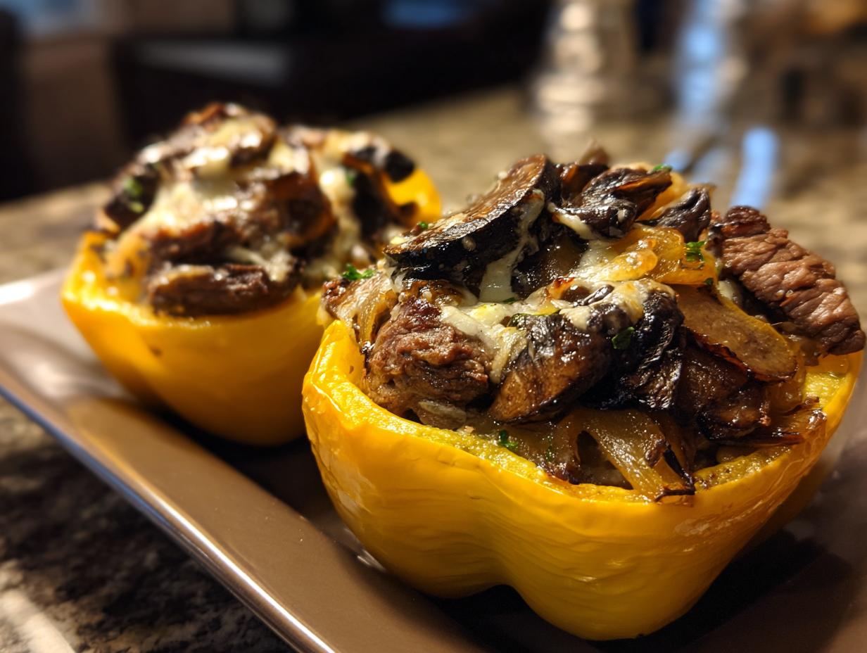 Two bright yellow bell peppers halved and stuffed with steak, mushrooms, onions, and melted cheese, representing philly cheesesteak stuffed peppers.