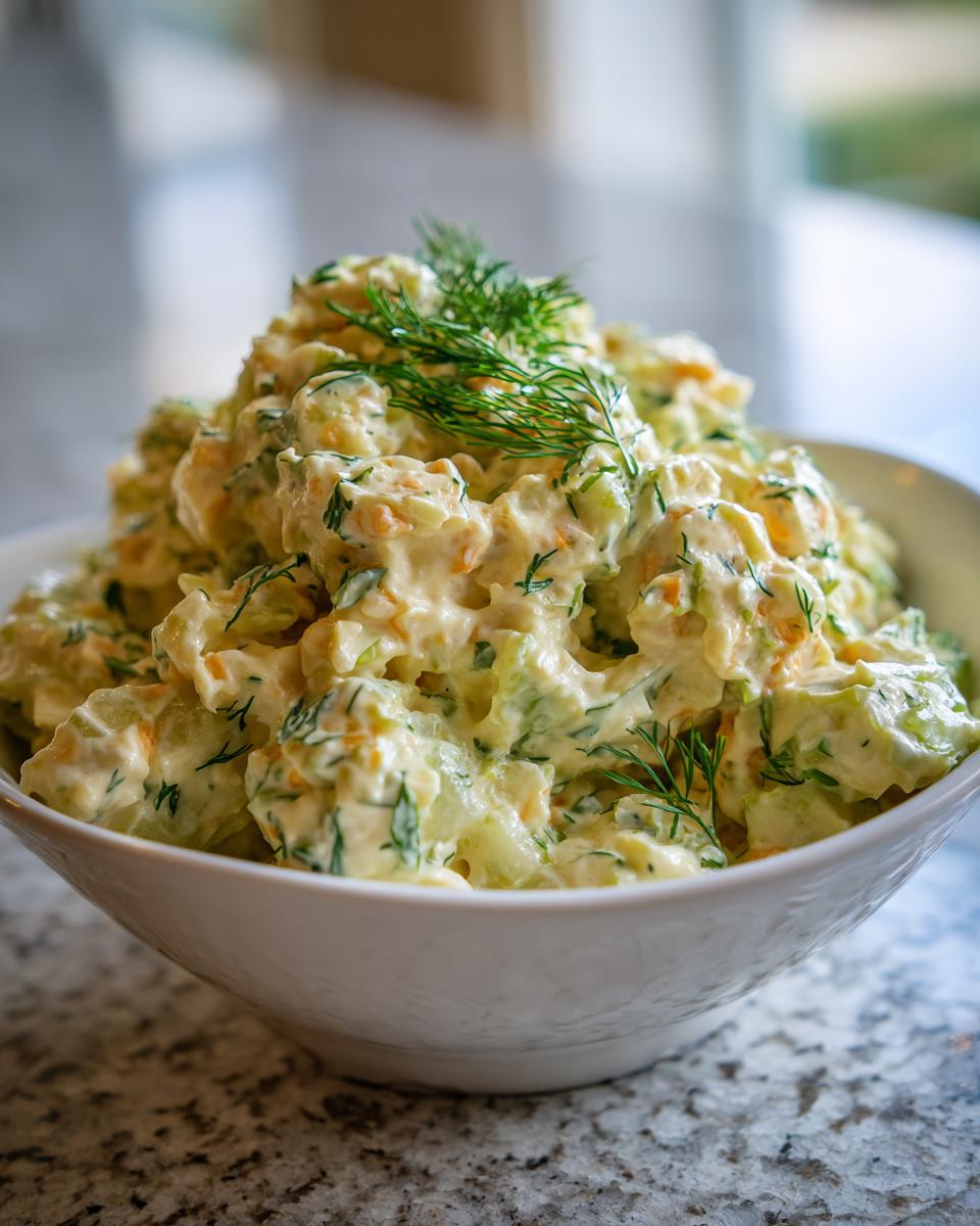 A close-up of a creamy pickle pasta salad served in a white bowl, garnished with fresh dill.