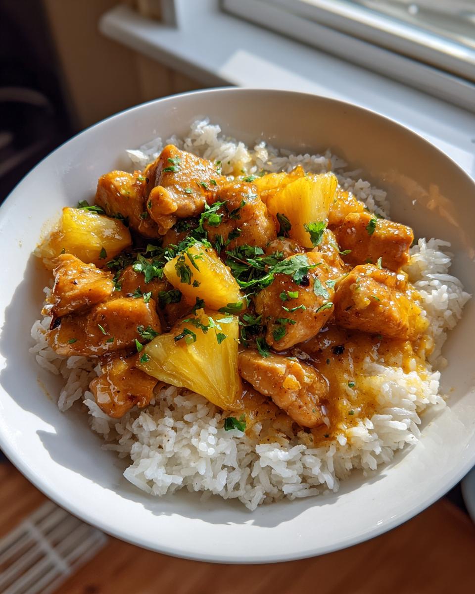 Close-up of a white bowl filled with fluffy white rice topped with saucy pineapple chicken and garnished with fresh parsley.