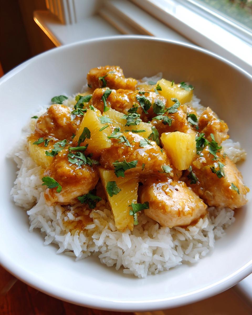 A close-up of pineapple chicken and rice served in a white bowl, topped with fresh parsley.