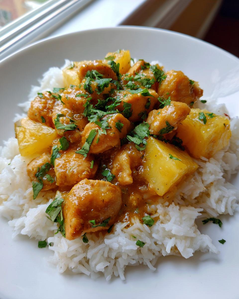 Close-up of pineapple chicken and rice, featuring saucy chicken pieces and pineapple chunks over white rice, topped with fresh cilantro.