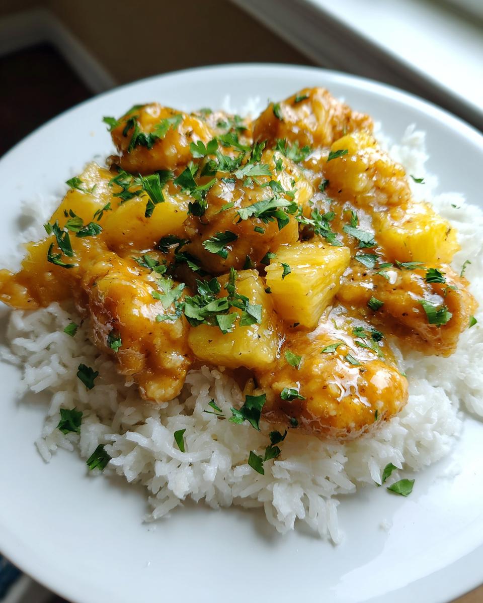 Close-up of a serving of pineapple chicken and rice topped with fresh parsley.