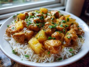 Close-up of a white bowl filled with fluffy white rice topped generously with saucy pineapple chicken and garnished with fresh parsley, showcasing the pineapple chicken and rice.