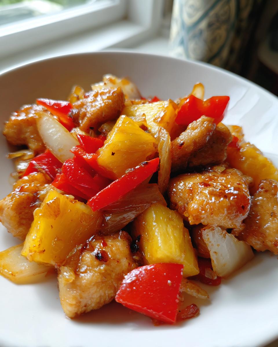 Close-up of glossy, saucy pineapple chicken stir-fry featuring chunks of chicken, bright red bell peppers, and pineapple.