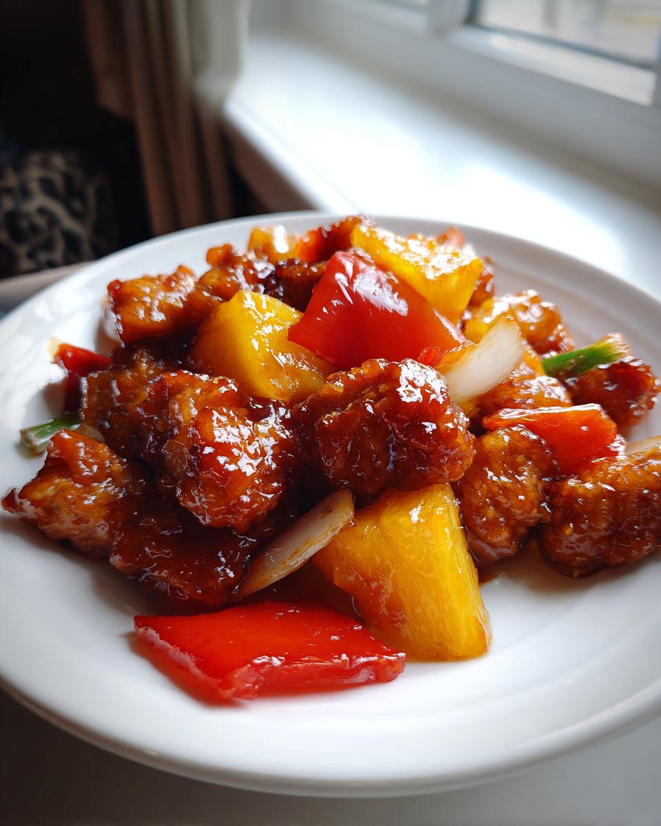 Close-up of glossy, saucy pieces of pineapple chicken stir-fry mixed with chunks of bright yellow pineapple and red bell pepper.