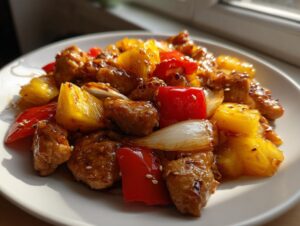A close-up of a serving of amazing pineapple chicken stir-fry featuring glazed chicken pieces, chunks of pineapple, red bell pepper, and onion.