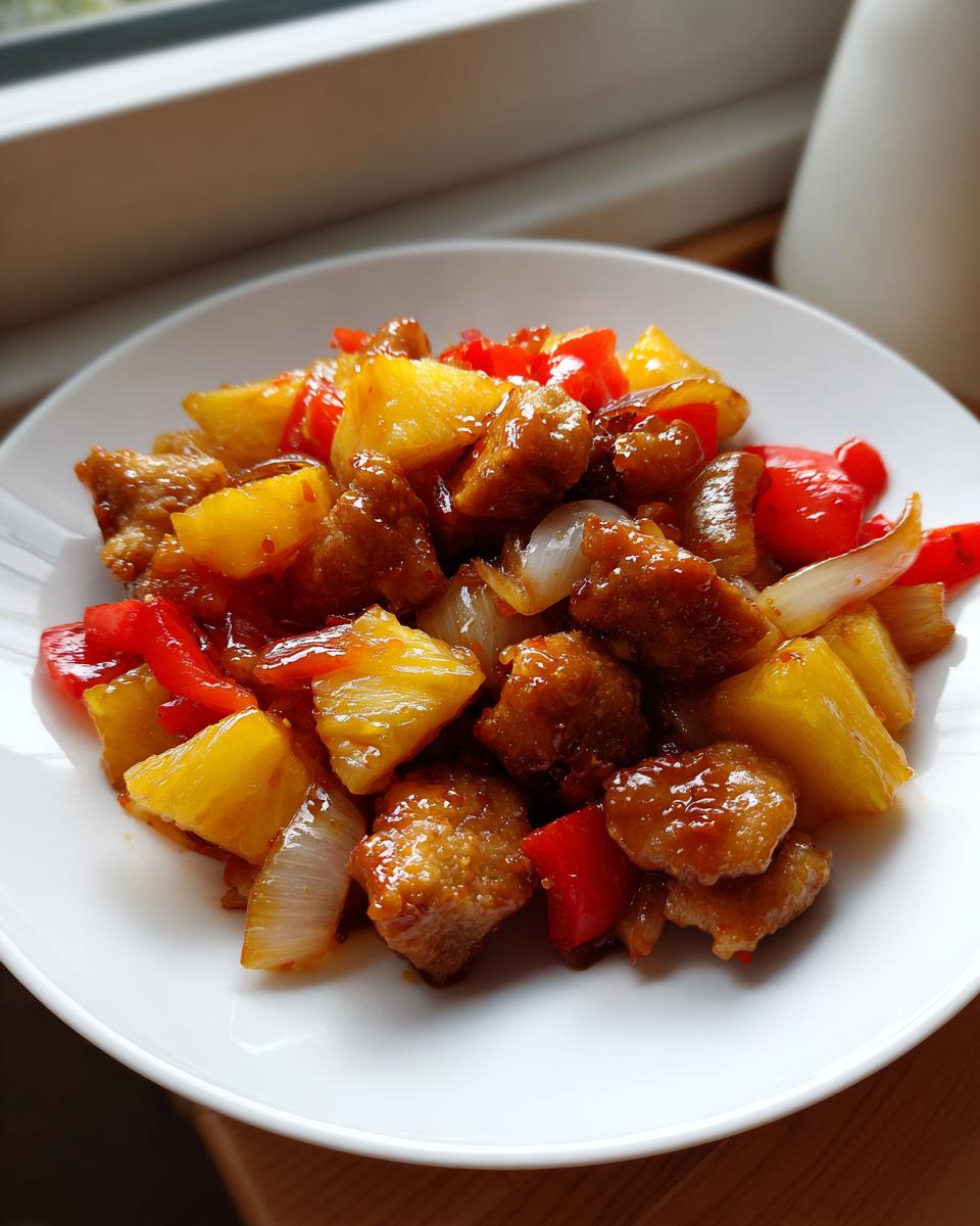 A close-up of a white plate filled with glossy pineapple chicken stir-fry, featuring chunks of chicken, pineapple, red pepper, and onion.