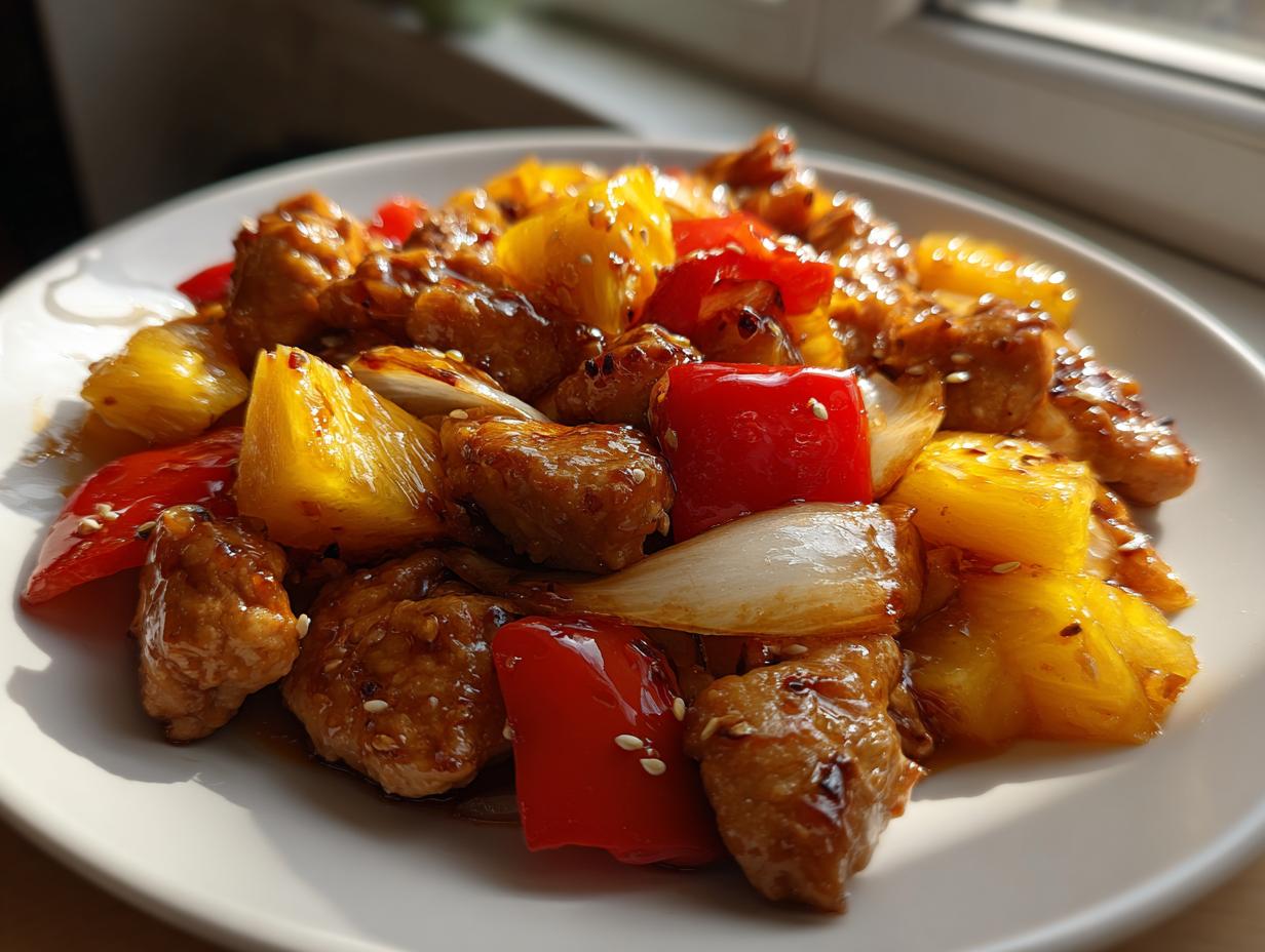 A close-up of a serving of amazing pineapple chicken stir-fry featuring glazed chicken pieces, chunks of pineapple, red bell pepper, and onion.
