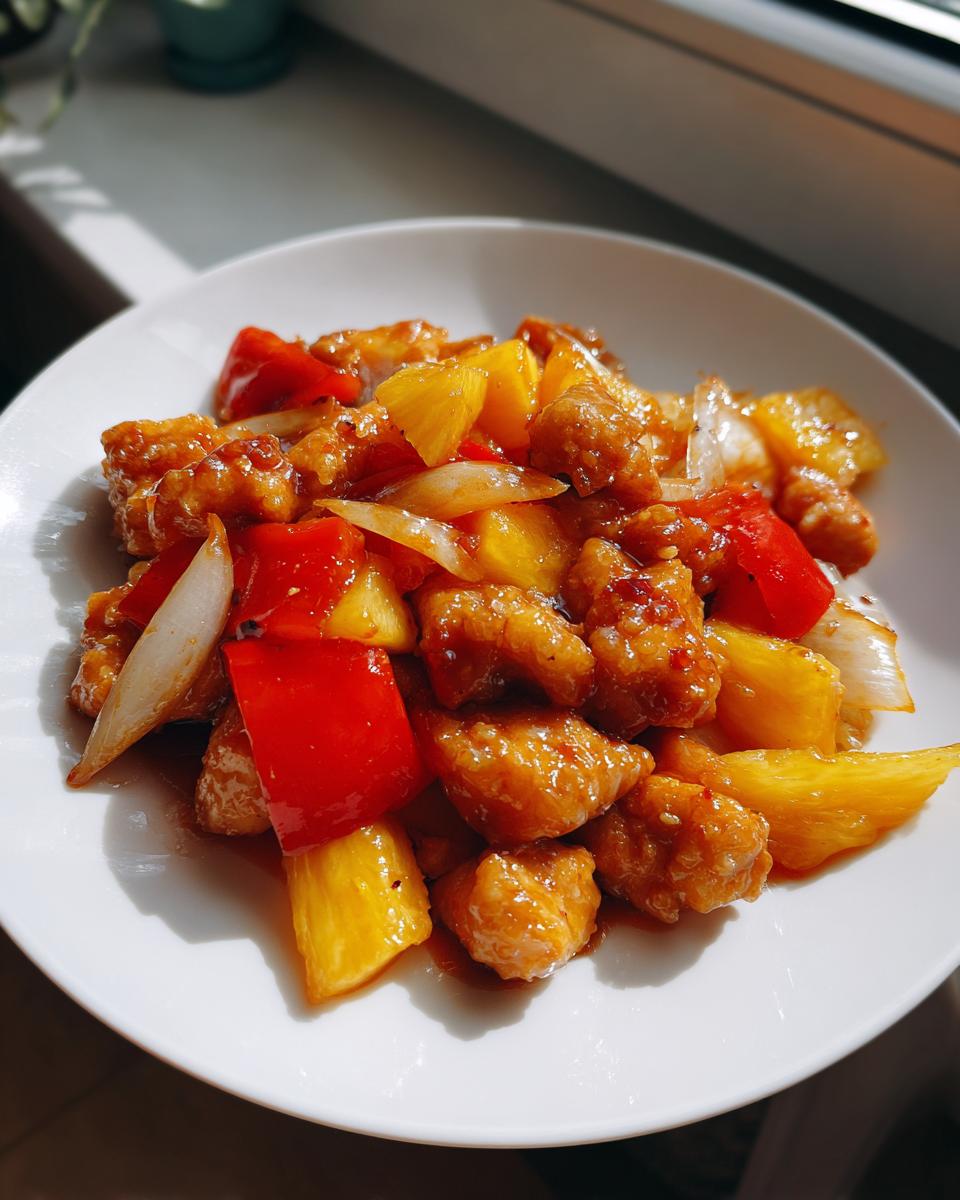 A close-up of a white plate filled with glossy pineapple chicken stir-fry, featuring chunks of battered chicken, red bell peppers, onions, and pineapple pieces.