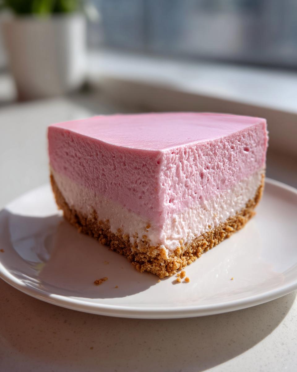 A perfect slice of pink birthday cheesecake with a graham cracker crust, served on a white plate.