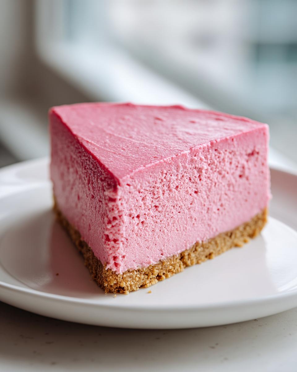 A close-up view of a thick, vibrant pink birthday cheesecake slice with a graham cracker crust on a white plate.