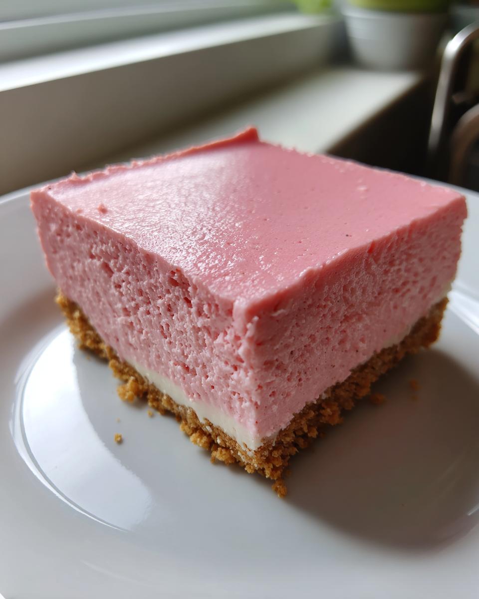 A thick, square slice of pink birthday cheesecake with a graham cracker crust on a white plate.
