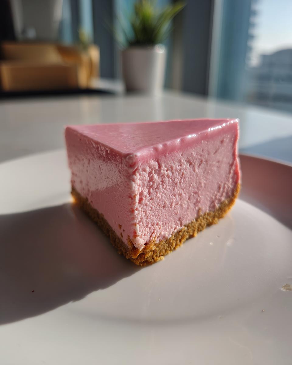 A close-up of a single, perfectly formed pink birthday cheesecake slice with a graham cracker crust, sitting on a white plate.