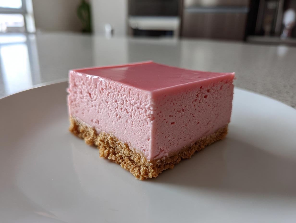 Close-up of a perfect pink birthday cheesecake slice with a graham cracker crust on a white plate.