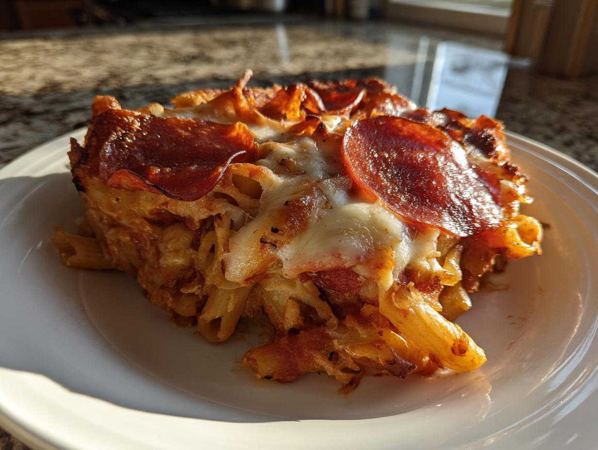 A close-up of a serving of baked pizza pasta bake topped with melted cheese and crispy pepperoni slices.