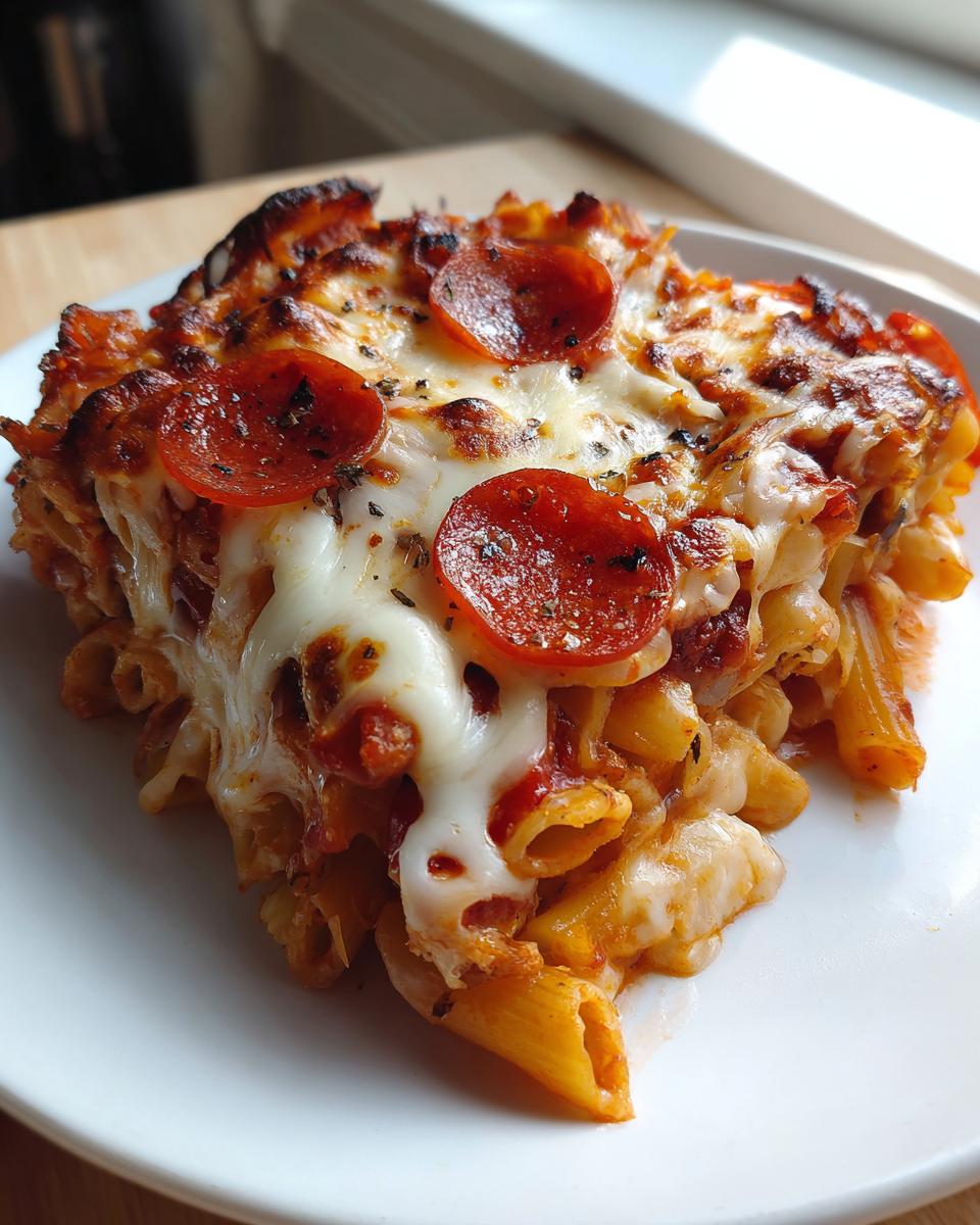 A close-up serving of pizza pasta bake featuring penne pasta, melted mozzarella, and pepperoni slices on a white plate.