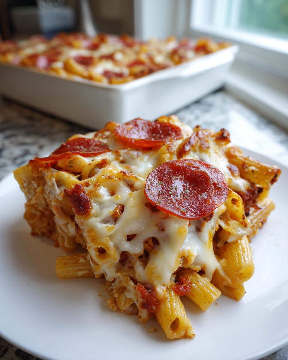 A close-up slice of pizza pasta bake topped with melted mozzarella and pepperoni slices on a white plate.