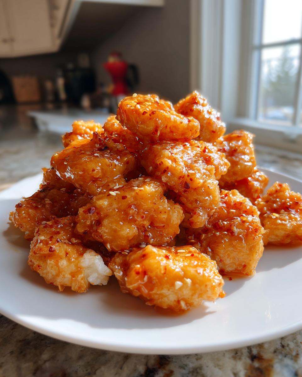 A mound of crispy, saucy Bang Bang Shrimp piled high on a white plate, glistening with sweet chili glaze and sesame seeds.