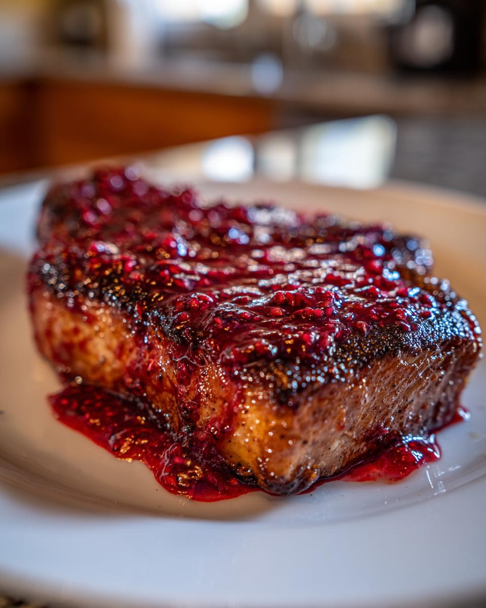 Close-up of a thick, seared pork chop generously topped with a glistening raspberry balsamic glazed pork chops sauce.