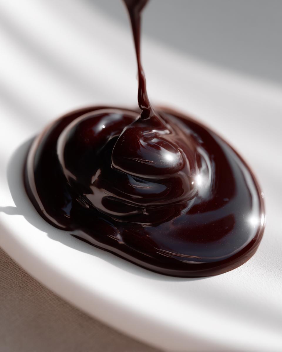 Close-up of rich, dark chocolate ganache being poured onto a white surface, showing its glossy texture.