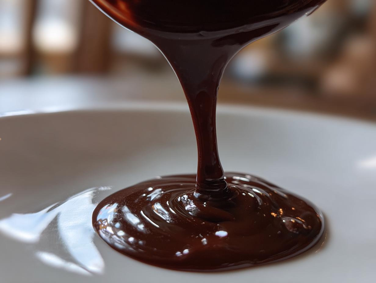 Close-up of thick, dark chocolate ganache being poured onto a white plate, showing its glossy texture.