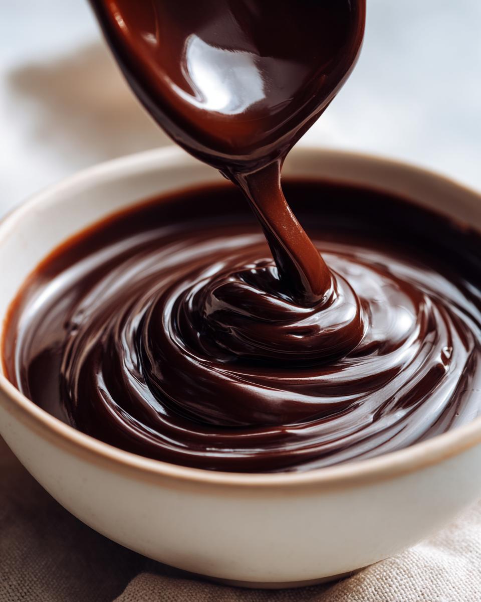 Close-up of thick, glossy chocolate ganache being poured from a spoon into a bowl, creating swirls.