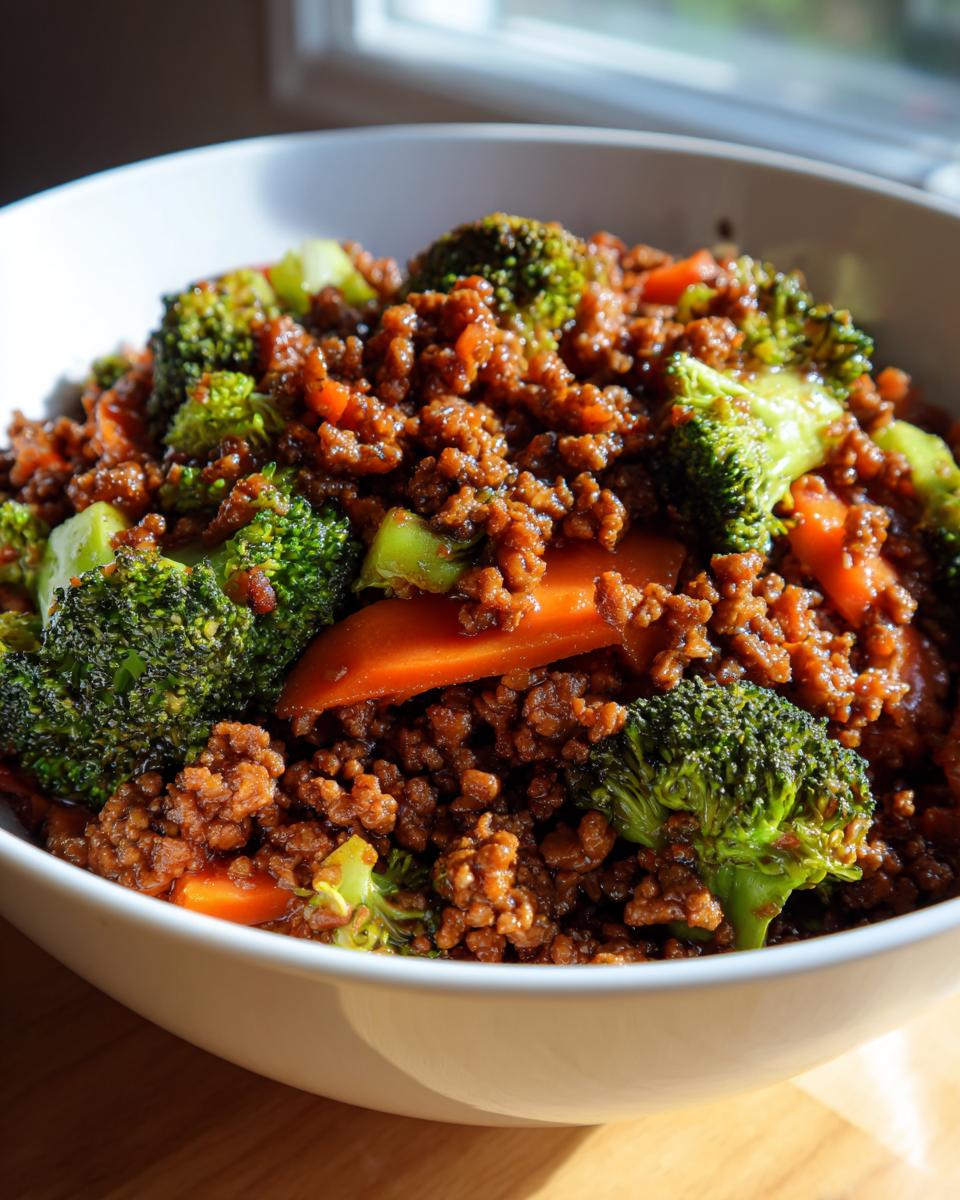 Close-up of a white bowl filled with savory ground beef stir fry mixed with bright green broccoli florets and sliced carrots.