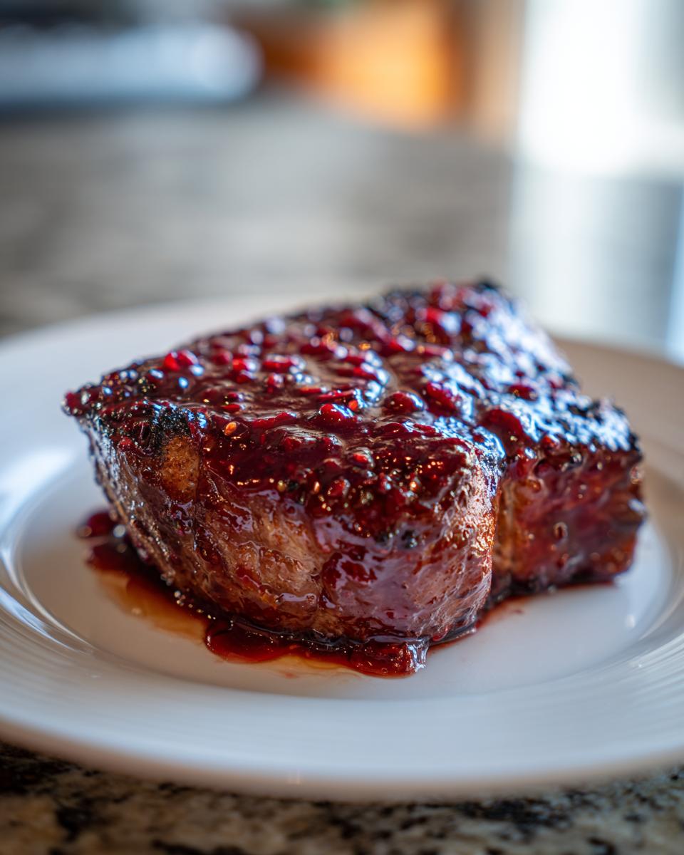 Close-up of a thick, seared pork chop generously coated in a glossy raspberry balsamic glazed pork chops sauce.
