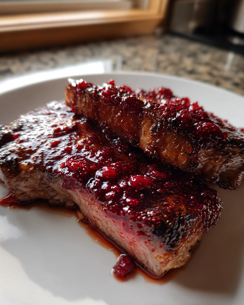 Two thick-cut pork chops generously topped with a thick, glossy raspberry balsamic glazed pork chops sauce.
