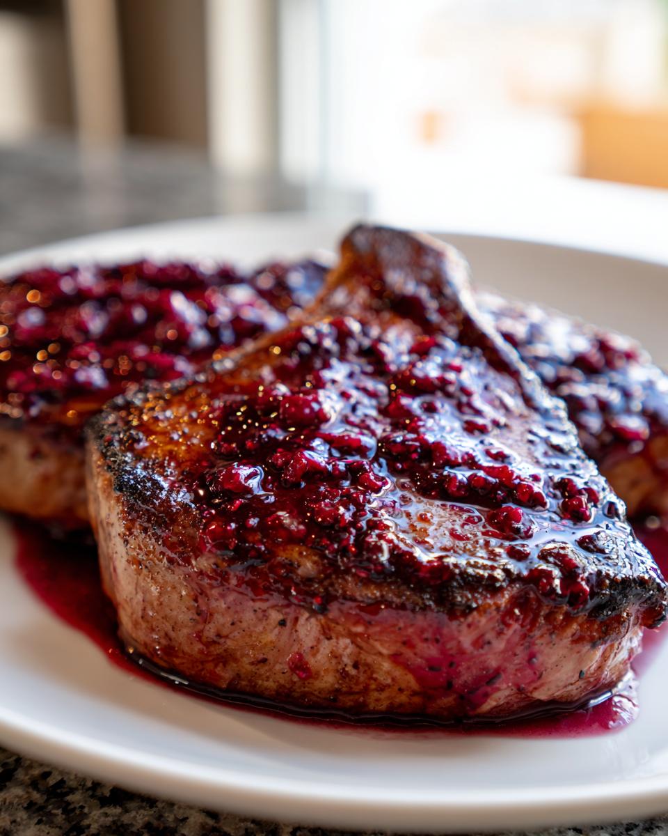 Close-up of thick, seared pork chops generously topped with a vibrant raspberry balsamic glazed pork chops sauce.