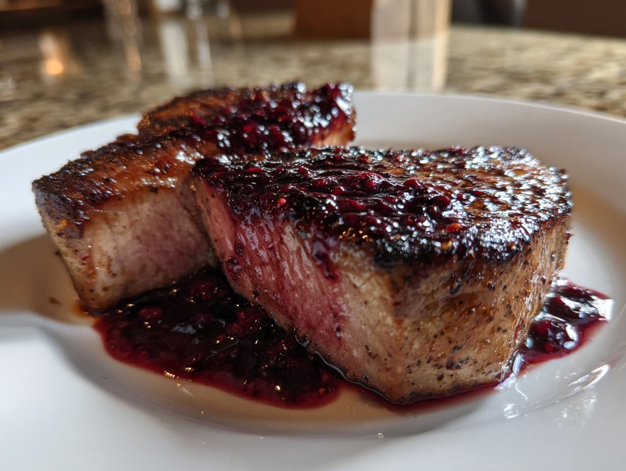 Two thick-cut, perfectly seared raspberry balsamic glazed pork chops served on a white plate with extra sauce.