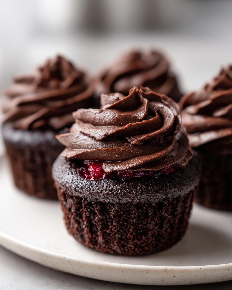 A close-up of one rich chocolate cupcake filled with raspberry jam and topped with dark chocolate frosting, part of a batch of raspberry chocolate cupcakes.