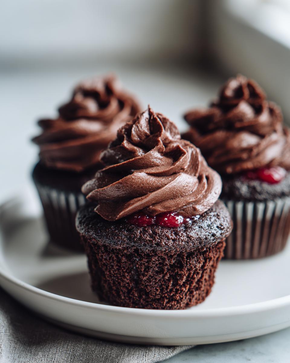 Three decadent raspberry chocolate cupcakes with rich chocolate frosting and visible raspberry filling.