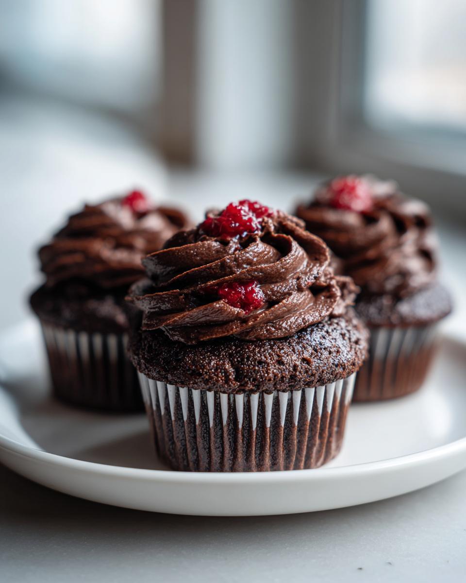 Three rich chocolate cupcakes topped with dark chocolate frosting and a dollop of raspberry filling, showcasing the best raspberry chocolate cupcakes.