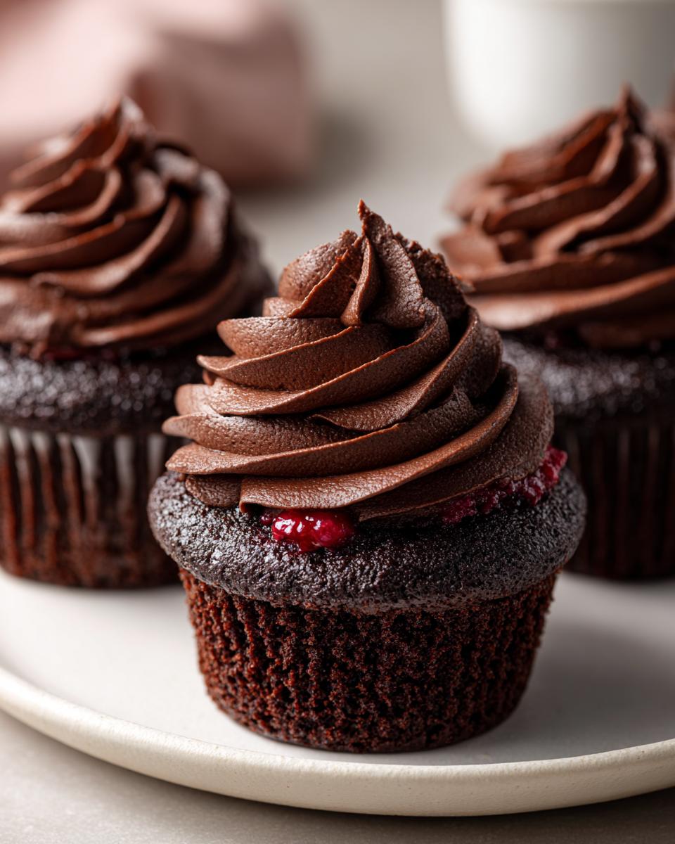Close-up of a rich chocolate cupcake filled with raspberry jam, topped with dark chocolate frosting, part of a batch of raspberry chocolate cupcakes.