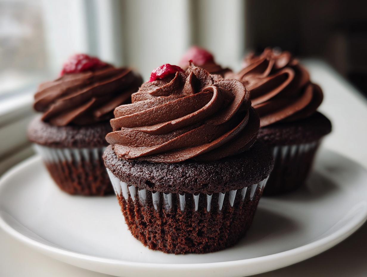Close-up of three decadent raspberry chocolate cupcakes with thick chocolate frosting on a white plate.