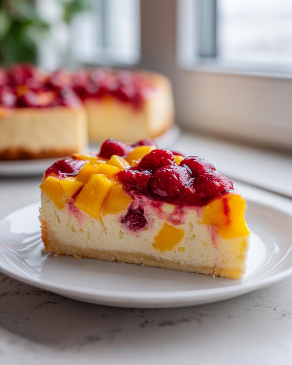A close-up of a slice of raspberry mango tart showing the creamy filling and fruit topping on a white plate.