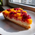 A close-up slice of raspberry mango tart showing a graham cracker crust, creamy filling, and bright fruit topping.