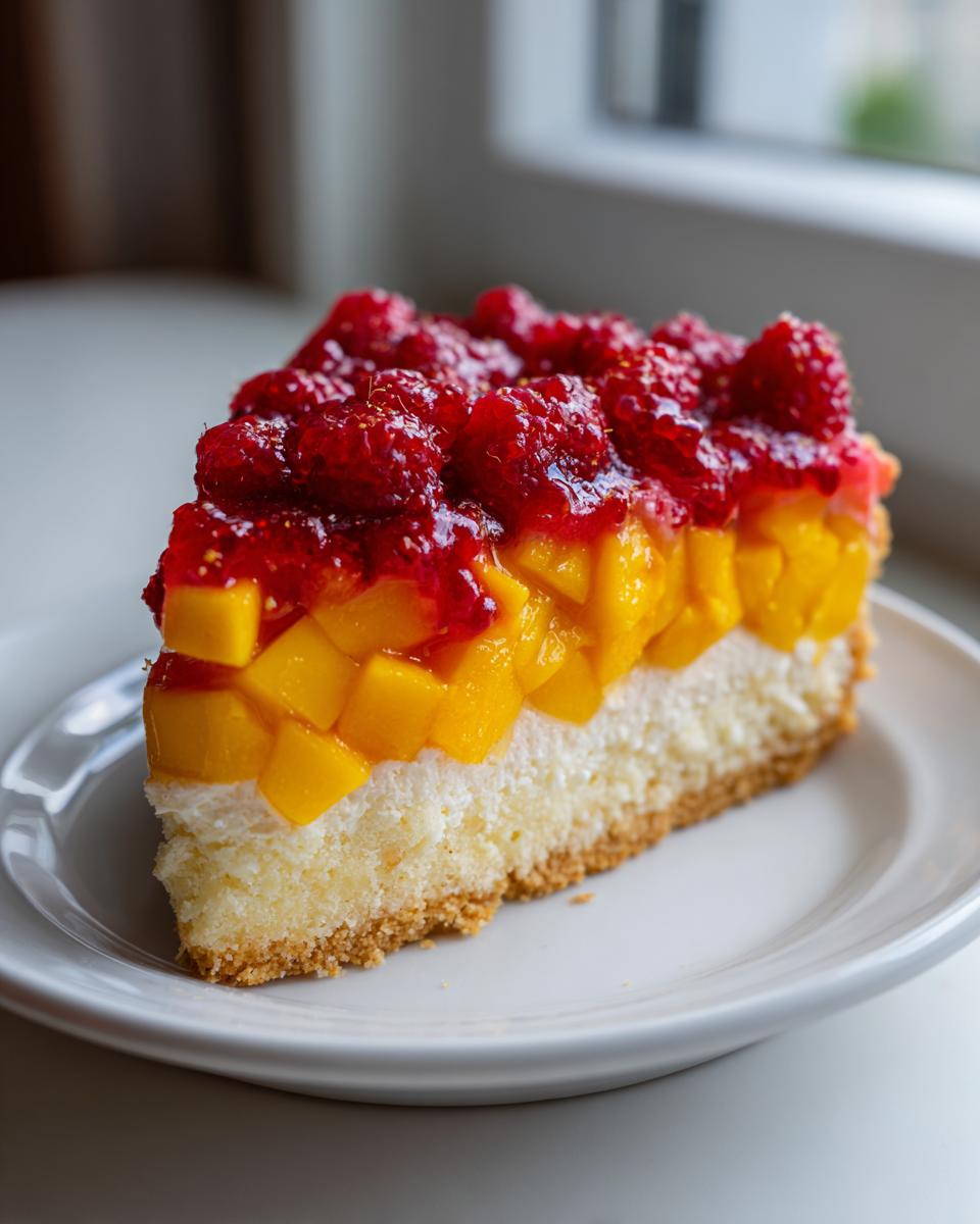 A close-up of a slice of raspberry mango tart showing layers of crust, creamy filling, diced mango, and whole raspberries on top.